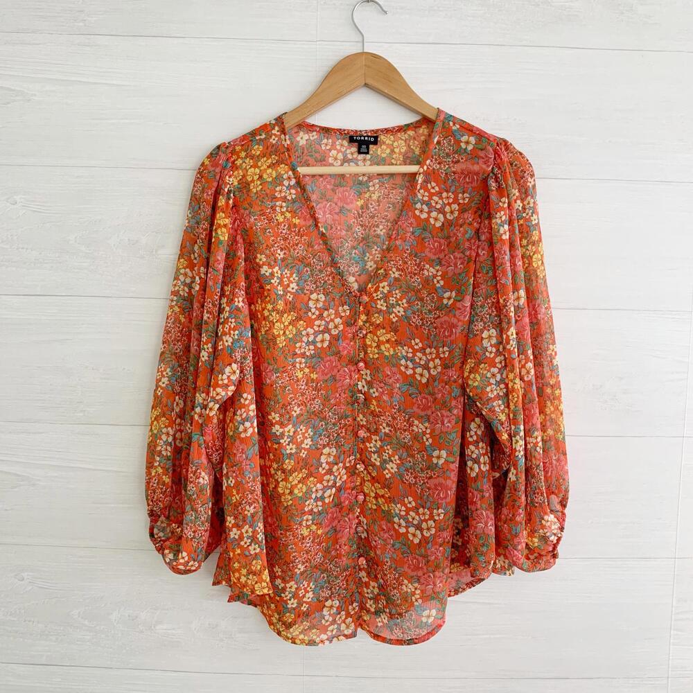 Torrid - Orange floral v-neck button front 3/4 sleeve chiffon top, 00 (10)
